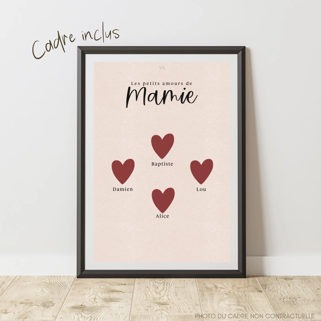 Affiche Personnalisée Mamie Coeurs rouge + cadre